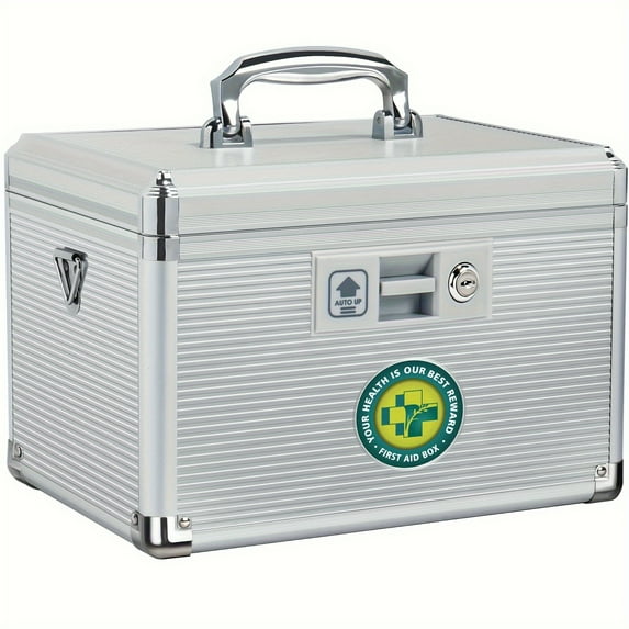 12 Inch Portable Medicine Lock Box with Key, First Aid Kit, Aluminum Alloy Medicine Storage Box, Home Medicine Organization And Storage, Home Room Decoration