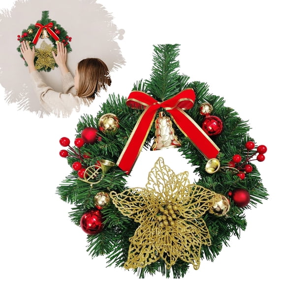 12 Inch Pre-Decorated Artificial Pine Leaf Christmas Wreath, Indoor Holiday Hanging Ornament with Ornament Balls, Bows and Berry Clusters, Christmas Wreath for Fireplace Shelf, Party Backdrop