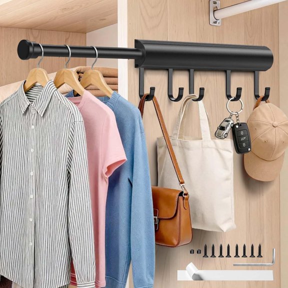 12 Inch Pull Out Valet Rod for Closet, Retractable Clothes Hanger Bar with 5 Hooks, Space Saving Slide Out Hanging Rack for Laundry Bedroom Bathroom, 2-in-1 No Drill or Screw Mount, Black 1 Pack