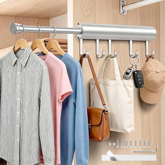 12 Inch Pull out Valet Rod for Closet, Retractable Clothes Hanger Bar with 5 Hooks, Space Saving Slide out Hanging Rack for Laundry Bedroom Bathroom, 2-in-1 No Drill or Screw Mount, Silver, 1 Pack