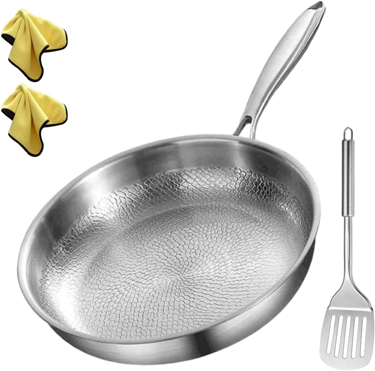 12 Inch Pure Titanium Frying Pan, Non Stick Skillet with Lid，Hammered Durable Scratch Resistant Cookware，Compatible with Induction Oven and All Cooktops