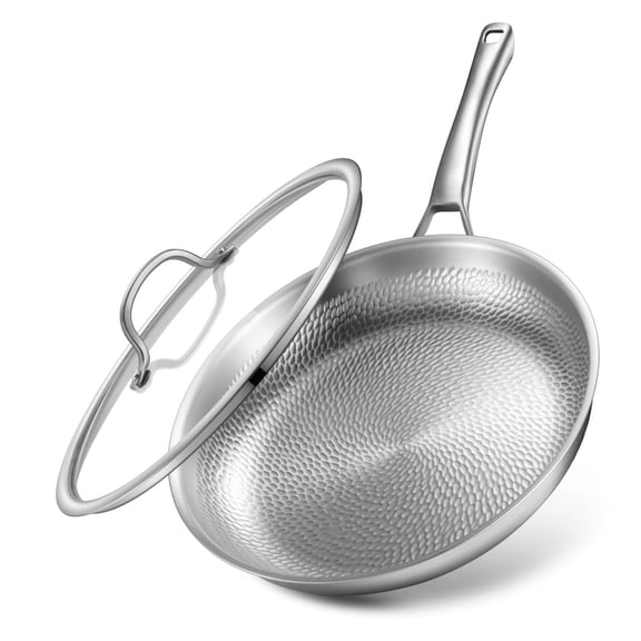12-Inch Pure Titanium Frying Pan with Lid, Uncoated Hammered Pro Skillet, Non-Toxic Healthy Cookware, Dishwasher & Oven Safe, Induction Compatible