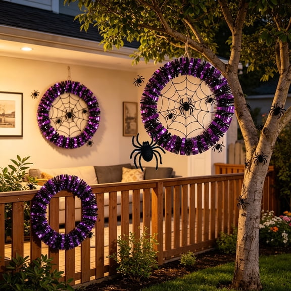 12 Inch Purple Spiderweb Tinsel Halloween Front Door Wreath, Pre Assembled Weather Resistant Reusable Spooky Ring, Ready Hang ornament for Porch Window Haunted Houses Indoor Outdoor Decor