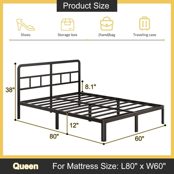 12 Inch Queen Bed Frame with Headboard, Heavy Duty Metal Queen Size Platform Bed Frame No Box Spring Needed with Rounded Corner Legs, Noise Free, Easy Assembly, Black