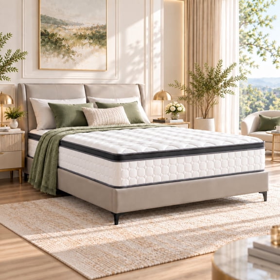 12 Inch Queen Hybrid Mattress, Medium Firm Gel Memory Foam & Pocket Coils, Cooling Breathable Cover with Fire Barrier, Pressure Relief for Back Pain, Bed in a Box