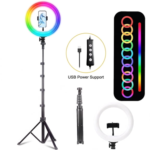 12 Inch RGB LED Ring Light with 1.6M Tripod & Phone Clip, Adjustable Color & Dimmable Brightness for Vlogging, TikTok, Content Creation - Compatible with Smartphones & Cameras