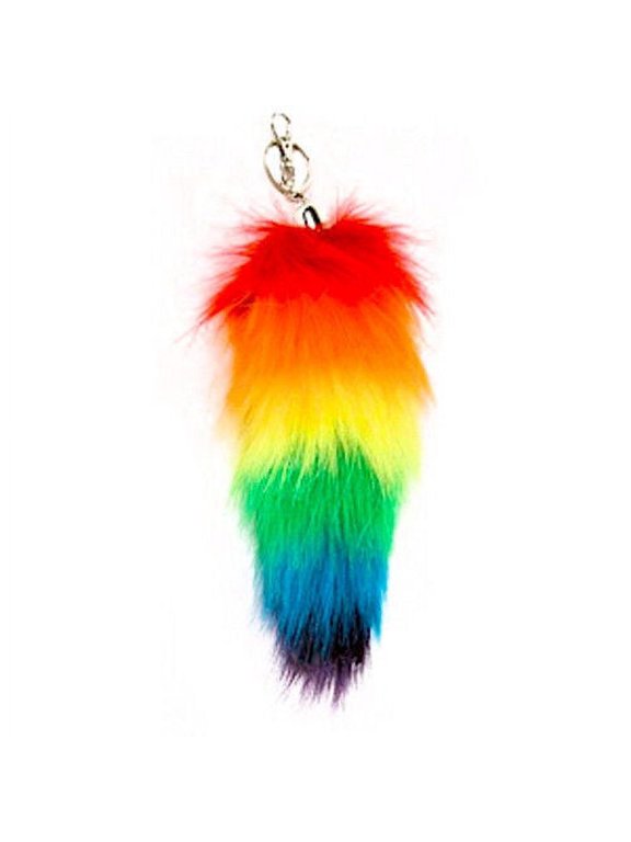 12" Inch Rainbow Faux Fox Tail - LGBT Gay and Lesbian Pride Synthetic Keychain