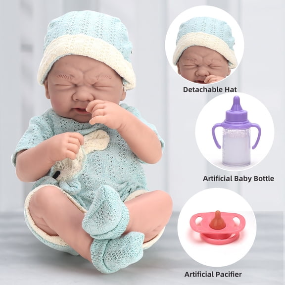 12 Inch Realistic Crying Face Reborn Baby Doll Set, Soft Vinyl Simulated Doll with Mint Knit Outfit, Bottle & Pacifier, Flexible Joint Pretend Nurture Play Toy Birthday Gift for Kids 3+