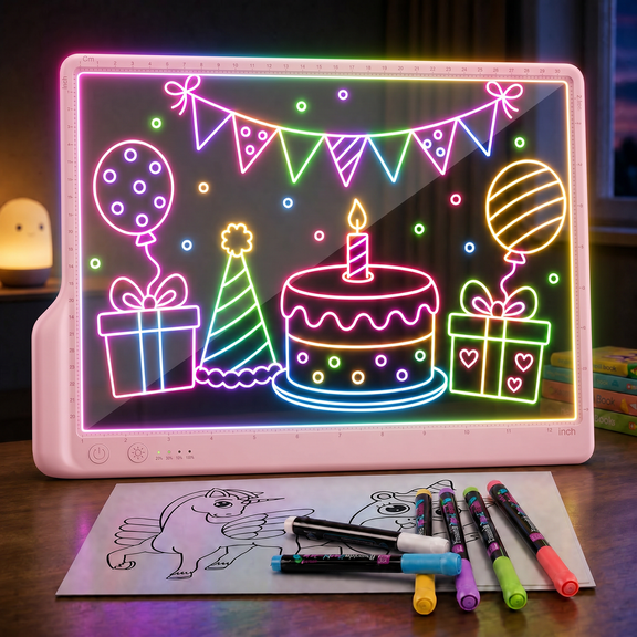Rechargeable 14.5-Inch LED Drawing Board, 9-Color Light Modes &Built-in Stand, Creative Kids Toy, Gift for Boys Girls, Includes 7 Markers & Tracing Book(Pink)