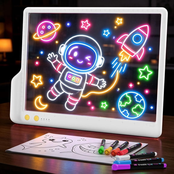 Rechargeable LED Drawing Board, 14.5" 9-Color Modes, Built-in Stand – Neon Dry Erase Glow Doodle Memo Pad for Home/Classroom/Office. Includes 7 Markers & Tracing Book (white)