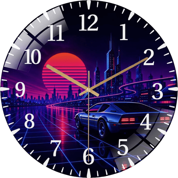 12 Inch Retro Futuristic 1980s Synthwave Cityscape Decor Glass Wall Clock for Wall Decor , Office Room, Living Room Style 1212inch(3030cm)