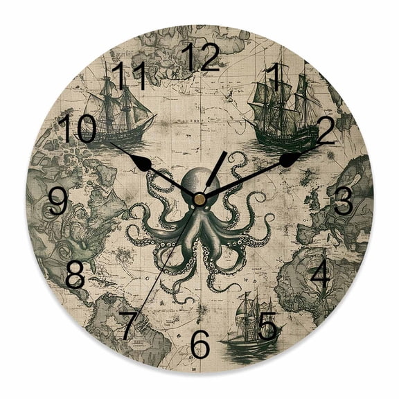 12 Inch Retro Medieval Wall Clock, Map Octopus Nautical Battery Operated Silent Non Ticking Clocks, Easy to Read Round Wall Clock for Kitchen/Living Room/Bedroom/Bathroom
