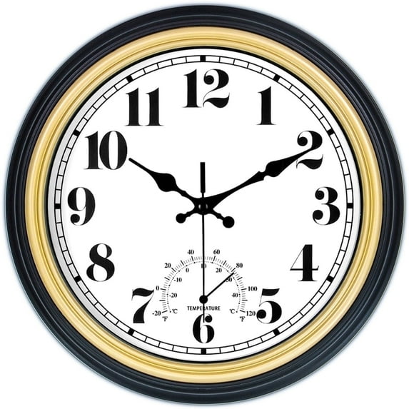 12 Inch Retro Wall Clock,Indoor and Outdoor,Quartz,Analog,Waterproof,Thermometer,Gold