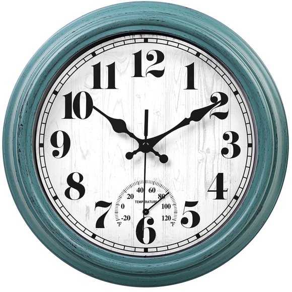 12 Inch Retro Wall Clock,Indoor and Outdoor,Quartz,Analog,Waterproof,Thermometer,Green