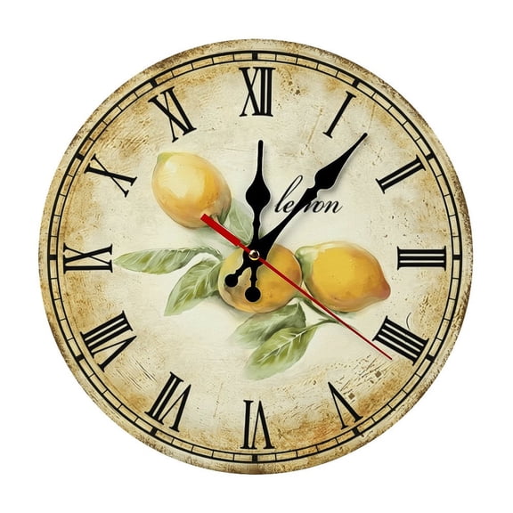 12 Inch Retro Watercolor Lemon Wall Clock | Silent Sweep Movement Distressed Tuscan Design, Battery Not Included, Ideal for Cafe, Home Office, Guest Bathroom
