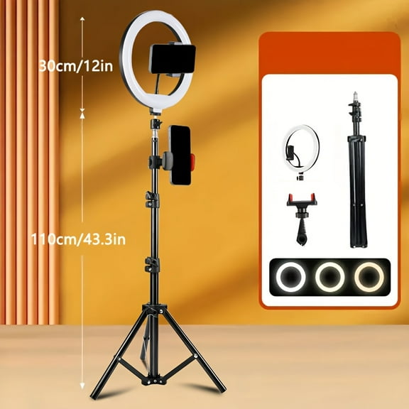 12 Inch Ring Light, Dimmable LED Ring Light Selfie Stick, with 43.3" Extendable Tripod Stand, with Phone Clips, for Live Stream,Makeup,Video Recording,Tiktok,Vlogging