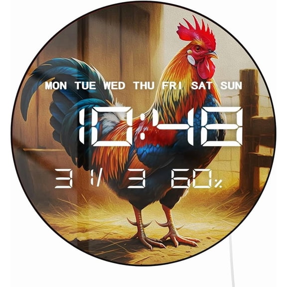 12 Inch Rooster Kitchen Decor Digital Wall Clock Large Display, Kitchen Farmhouse Wall Clock with Temperature Smart Dimming Date 12/24hr Humidity Plug in LED Rooster Decor for Bedroom Farm