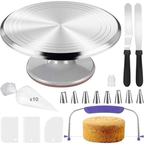 12 Inch Rotating Aluminum Cake Turntable Stand Decorating Kit with Tools for Pastries