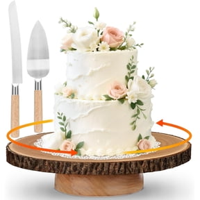 12 Inch Rotating Wood Cake Stand with Cake Knife & Server Cutting Set, Rustic Tree Slice Revolving Cake Turntable for Wedding, Birthday Party Baking & Decorating Gifts