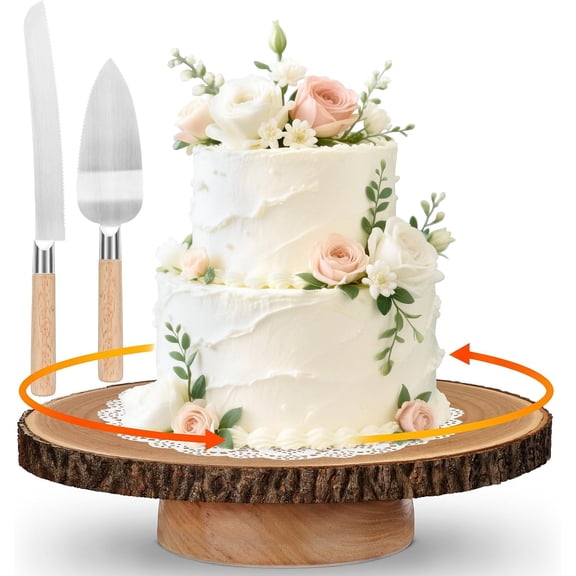 12 Inch Rotating Wood Cake Stand with Cake Knife & Server Cutting Set, Rustic Tree Slice Revolving Cake Turntable for Wedding, Birthday Party Baking & Decorating Gifts
