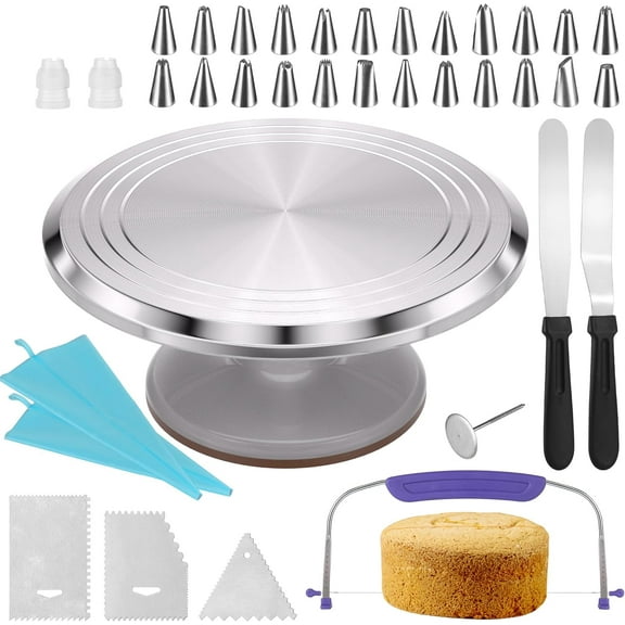 12 Inch Round Aluminum Revolving Cake Decorating Stand,35 pcs Cake Turntable Kit Supplies, Rotating Cake Stand,for Cake,Pastries and Cake Decorations