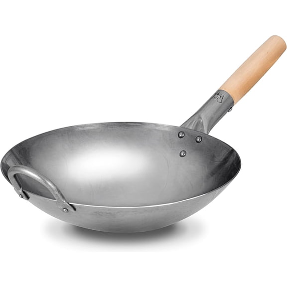 12-Inch Round Bottom Carbon Steel Wok with Wooden and Steel Helper Handle