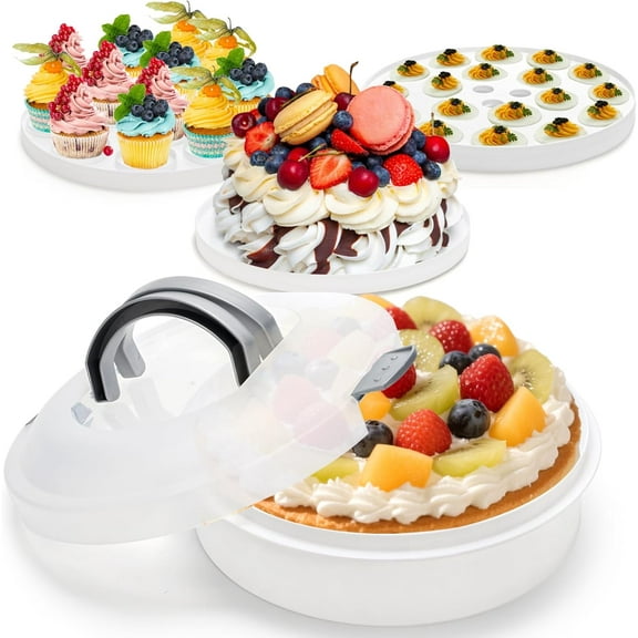 12 Inch Round Dessert Carrier with Lid and Handle, 3-In-1 Portable Food Container for Pie, Cupcake, Cheesecake, Deviled Egg, Plastic Cake Transport Container Egg Holder for Picnics, Easter