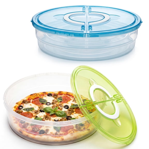 12 Inch Round Plastic Pie Carrier with Lid and Handle, 2 Compartment, Green and Blue