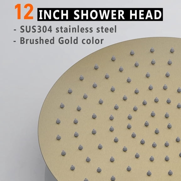12 Inch Round Rainfall Shower , High Pressure Overhead Shower Heads, Wall Ceiling Mounted Ultra Stainless Steel Shower , Brushed Gold