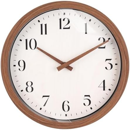 12 Inch Round Silent Wall Clock with Wooden Hour and Minute Hands - Wood-Like Frame & White Dial for Home Office Kitchen Decor - Brown$$Home Decor, Kitchen, & Other