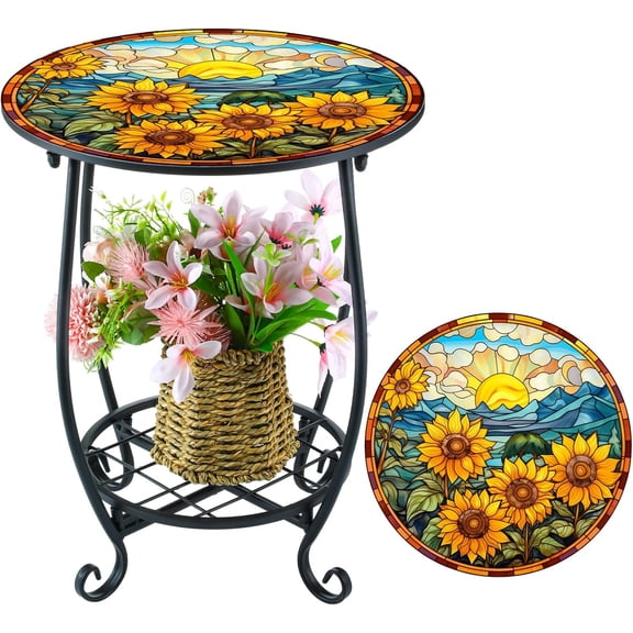 12 Inch Round Sunflower Stained Glass Outdoor Side Table - Mosaic Patio Accent End Table, Weather-Resistant Metal Frame, for Yard, Porch, Garden, Living Room, Bedroom