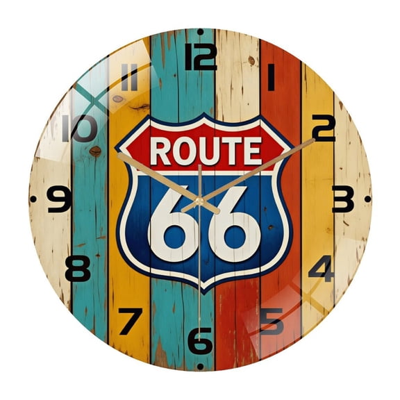 12 Inch Route 66- Glass Wall Clock, Vintage Americana Decor, Silent Retro Wall Clock, Classic Highway Sign Wall Art, Road Trip Gift Style 1212inch(3030cm)