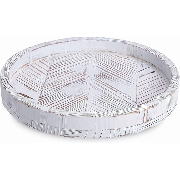12 Inch Rustic Farmhouse Wood Lazy Susan Turntable for Table, White Herringbone Decorative Tray, Dining Table Centerpiece and Cabinet Organizer
