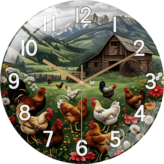 12 Inch Rustic Glass Wall Clock, Mountain Farmhouse And Chicken Design Wall Clock, Round Silent Clock, Suitable for Living Room Bed (Battery Not Included), 30cm