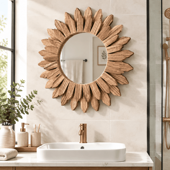 12 inch Rustic Wood Hanging Mirror, Boho Vintage Decor, Wall Mount Ornament for Entryway, Bedroom, Bathroom, New Home Gift