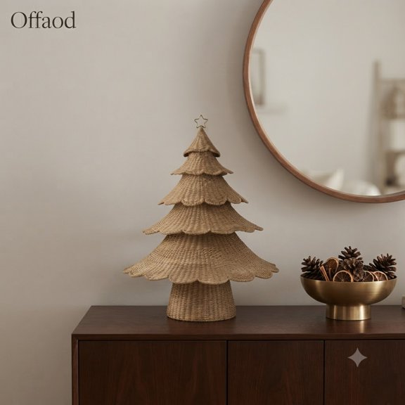 12-Inch Rustic Woven Christmas Tree, Artificial Rattan Tabletop Holiday Decor for Farmhouse Home Room Decoration (1pc)
