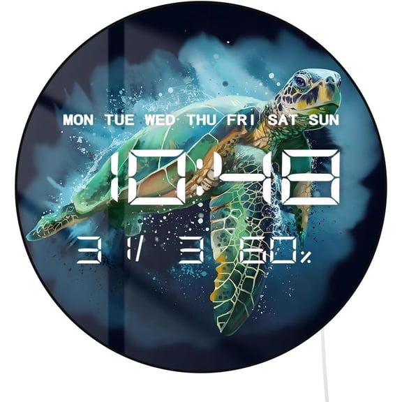 12 Inch Sea Turtle Electric Wall Clock Large Display, Nautical Coastal Ocean Beach Electric Wall Clock with Temperature, 12/24hr, Date, Automatic Dimming, Plug in LED for Bathroom Bedroom