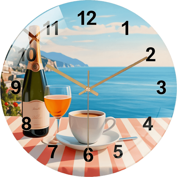 12 Inch Sea View Tempered Glass Wall Clock, Kitchen Wall Clock, Champagne Wine Clock, Round Glass Clock, Modern Decorative Clock Style 12×12inch(30×30cm)