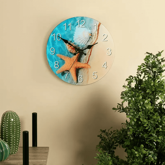 12-Inch Seashell Wall Clock – Frameless Silent Non-Ticking Glass Design, Battery-Operated Round Clock for Home & Office (1x AA Battery Needed)