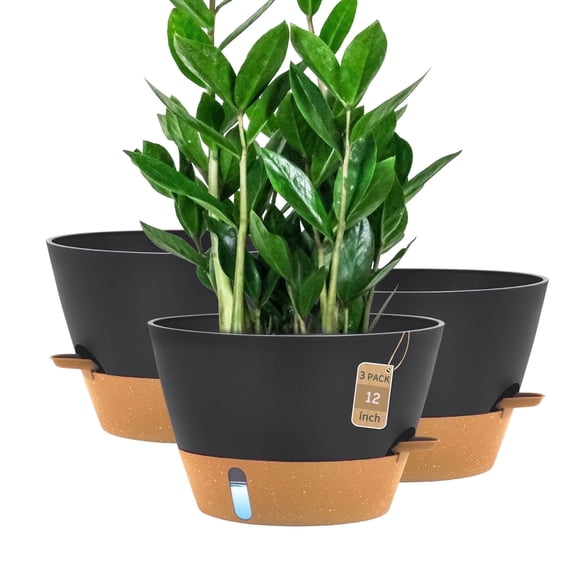 FIASON 3 Pack 12 Inch Black Grey & Brown Self-Watering Plastic Planters, Large Indoor Outdoor Houseplant Flower Pots with Drainage Holes and Removable Saucer for Garden Decor
