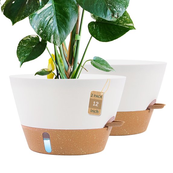 FIASON 2 Pack Plastic 12 Inch White with Brown Self Watering Plant Pots ...