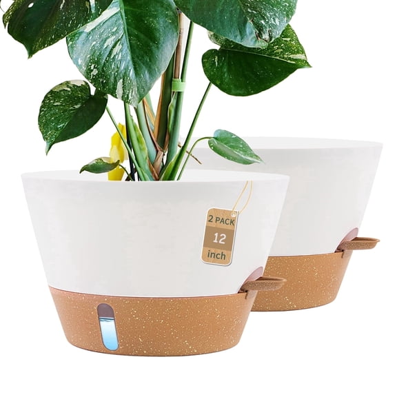 FIASON 2 Pack Plastic 12 Inch White with Brown Self Watering Plant Pots for Indoor Outdoor,Large Flower Pots Include Drainage Holes and Saucer