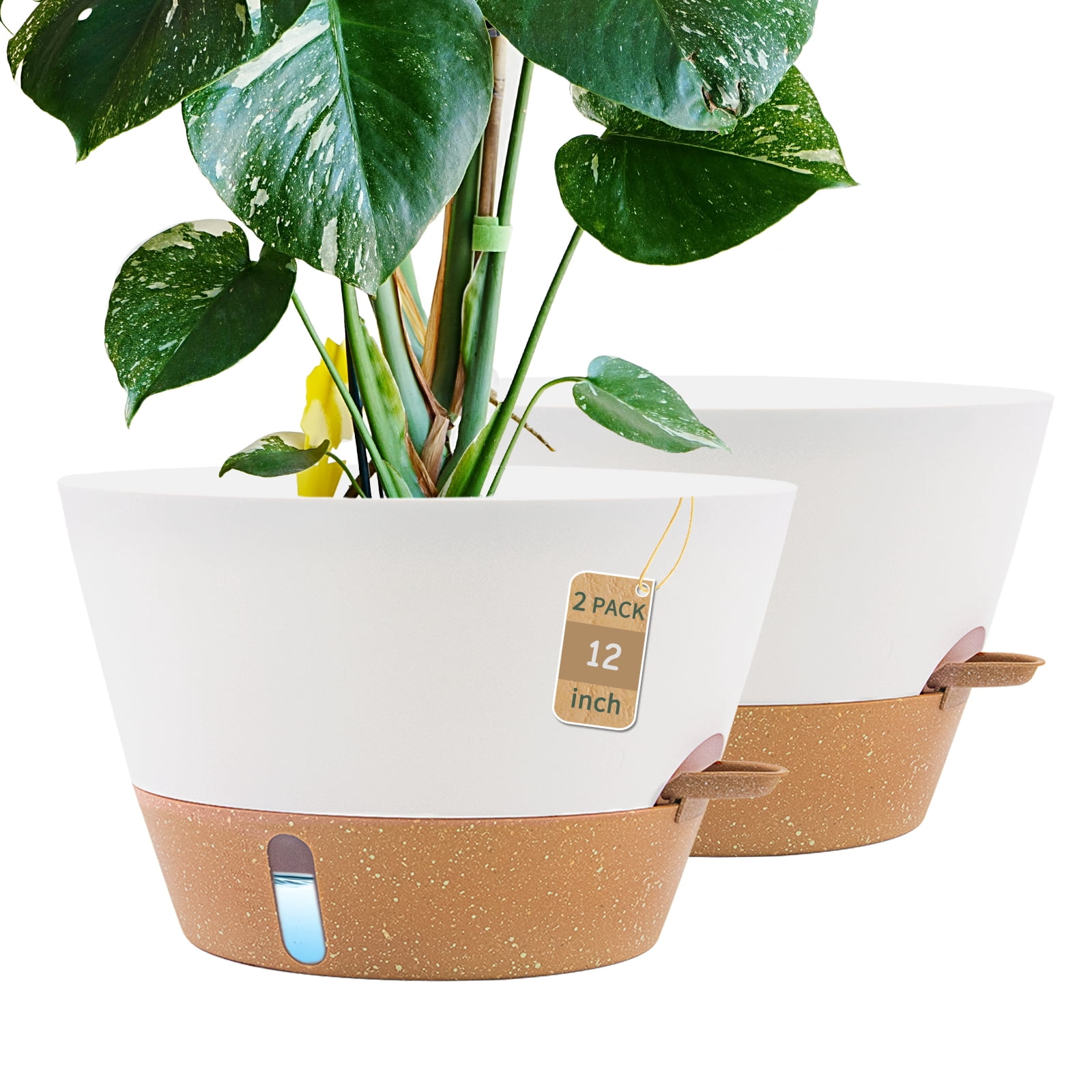 FIASON 2 Pack 12 Inch White & Brown Self-Watering Large Plant Pots ...