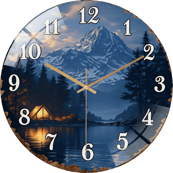 12 Inch Serene Mountain Lake Camping Glass Wall Clock - Starry Night- Sky- with Illuminated Tent And Snow-Capped Peak, Tranquil Round Decorative(Battery Not Included), 30cm