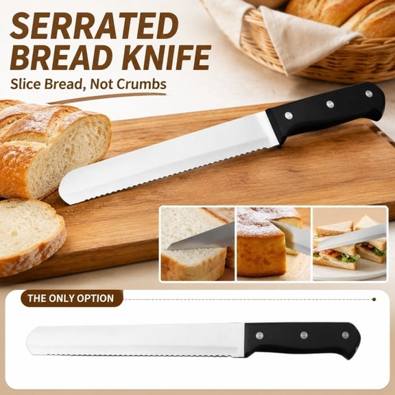 12 Inch Serrated Bread Knife, 20cm Stainless Steel Wavy Edge Slicing Cutter, Ergonomic Black Riveted Handle, Crumb-Free Slicer for Toast Cake Sandwich Fruit Tomato Baking Kitchen Tool