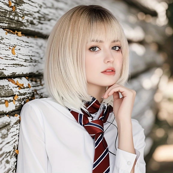 12 Inch Short Straight Bob Wig with Bangs - Cosplay Daily Party Flyaway Wig with Rose Net Cap and 100% Density for All Ethnicities