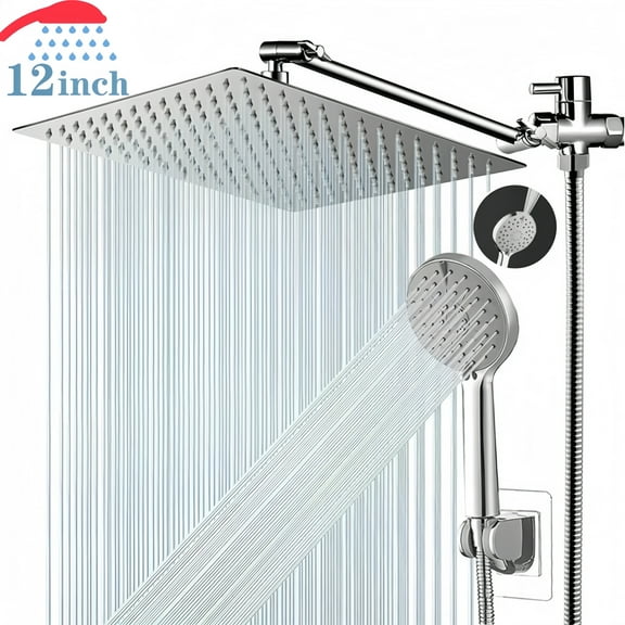Rain Shower Head, 12" High Pressure Shower Heads Combo with 5 Settings Handheld ShowerHead Attached with 59" Hose & Holder,304 Stainless Steel