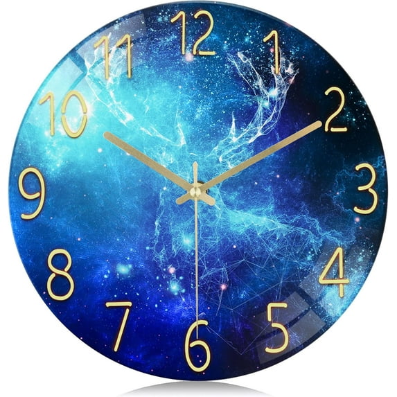 12 Inch Silent Blue Wall Clocks Battery Operated for Bedroom Blue Glass Wall Clock for Living Room Kitchen Decor