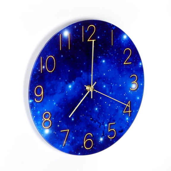 12 Inch Silent NonTicking Wall Clock, Blue Galaxy Starry Sky Print Analog Wall Clock with Golden Arabic Numerals, Battery Operated Decorative Wall Clock for Home Bedroom Living Room Office