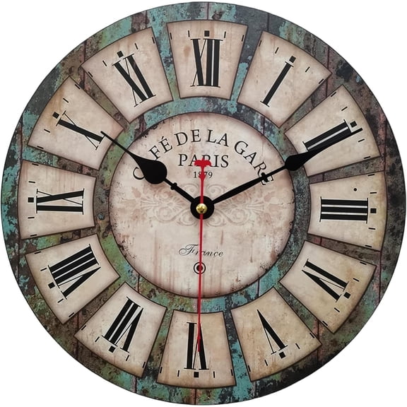 12 Inch Silent round Wooden Wall Clock Rustic Country Style, Battery Operated, V